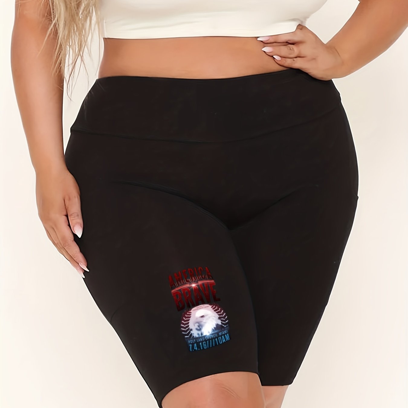  Eagle & Letter Print High Rise Biker Shorts