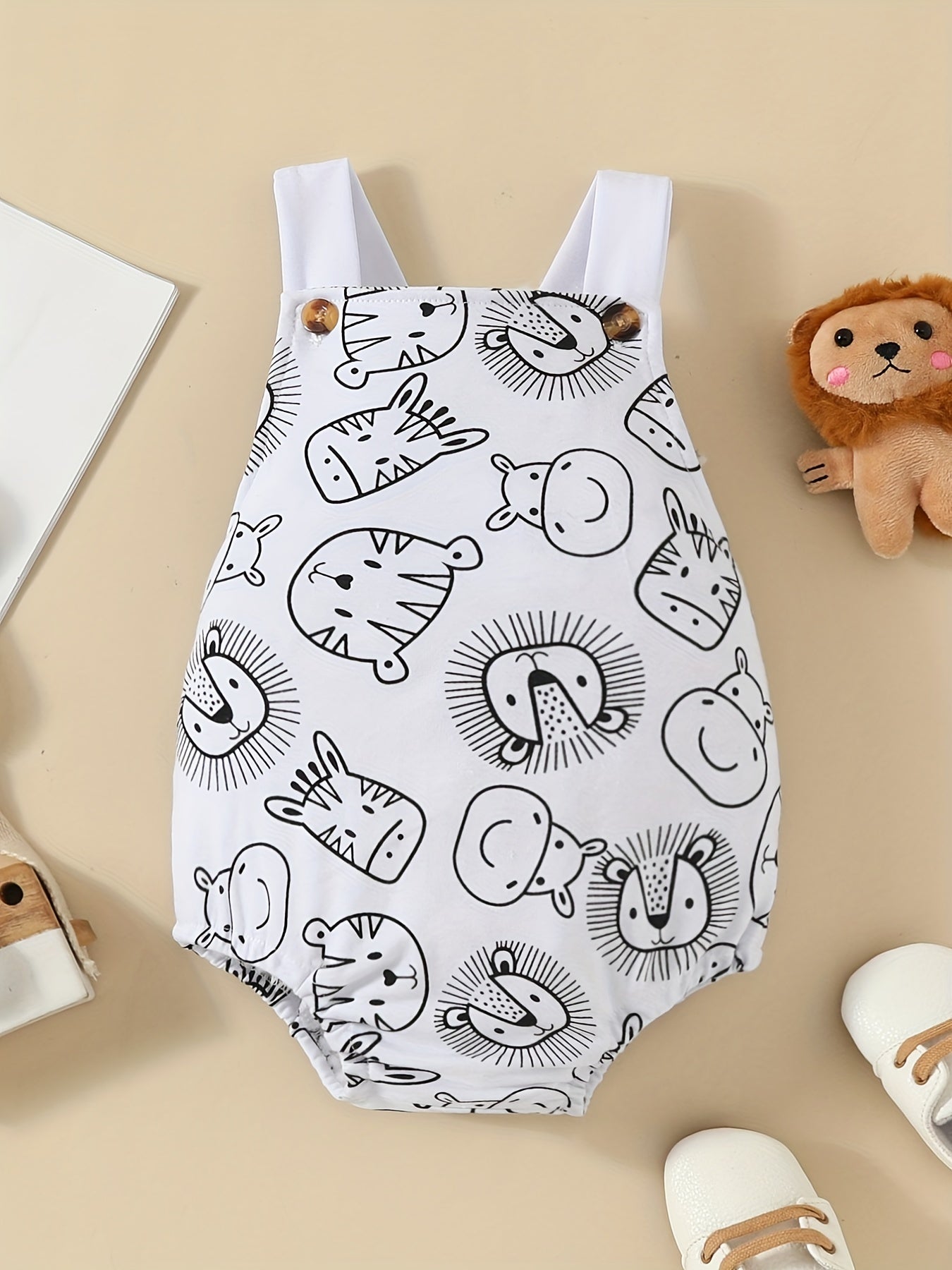 Baby Boys Cartoon Suspender Romper with Animal Print