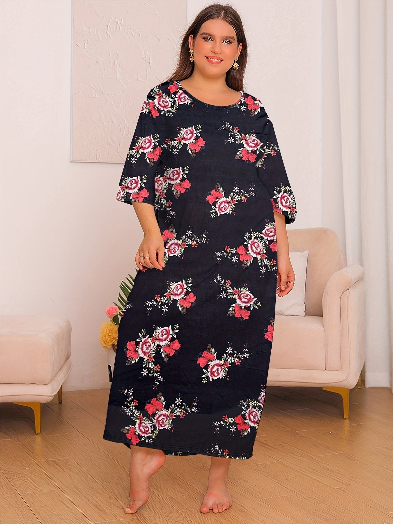  Floral Print Lounge Dress Three Quarter Sleeve Round Neck Nightdress