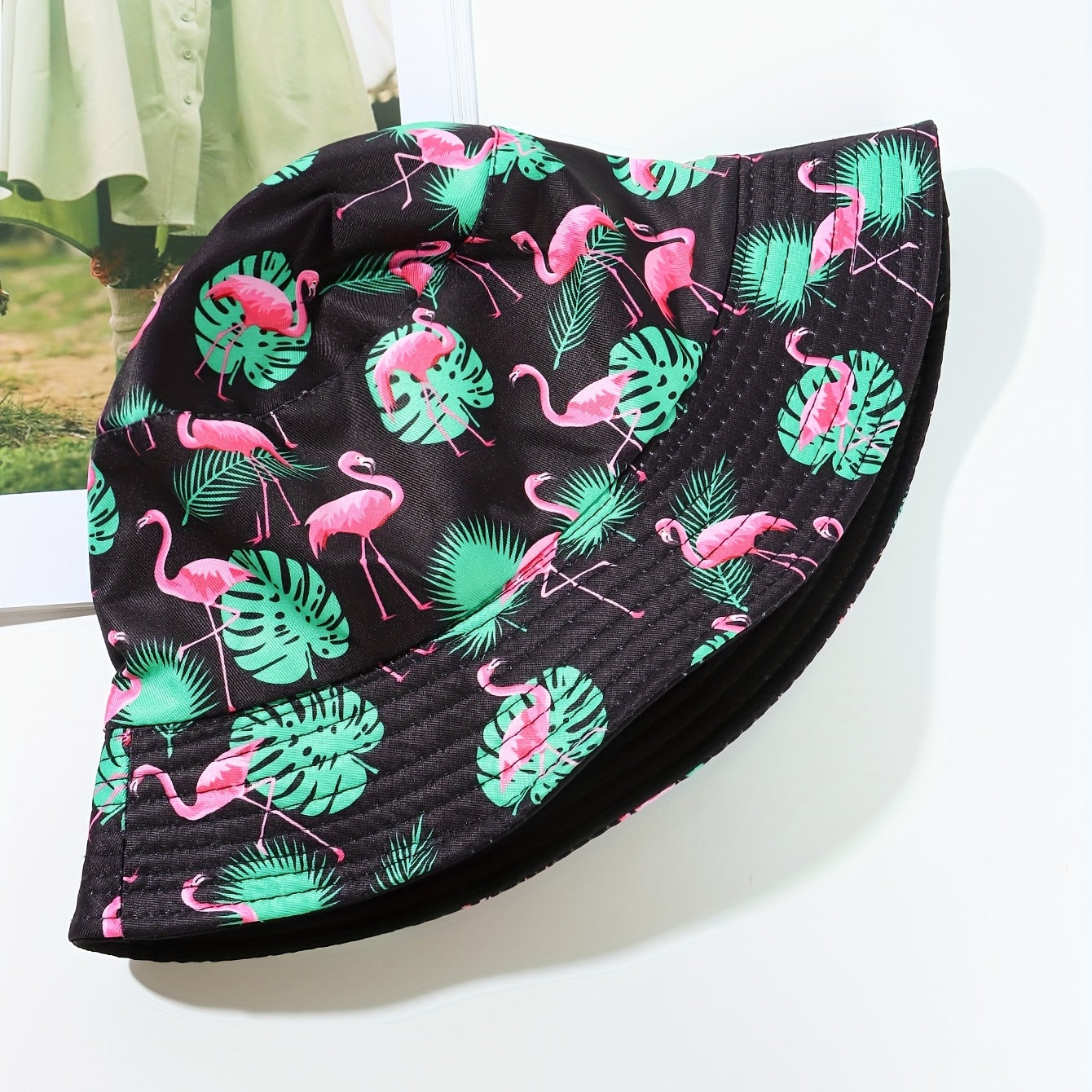 Flamingo Leaf Print Bucket Hat Reversible Sunscreen Basin Hat