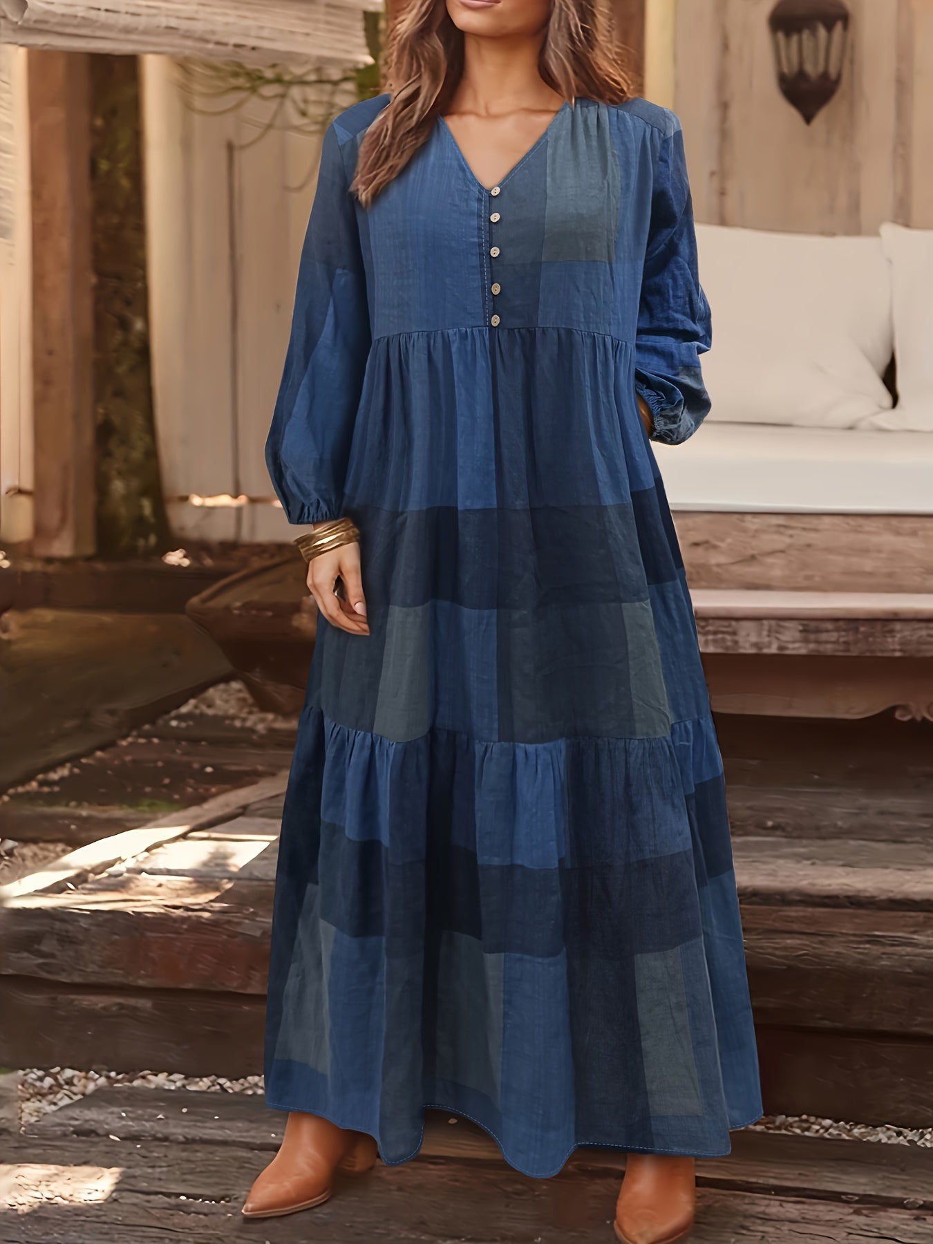 Colorblock Grid Print Maxi Dress With Pockets