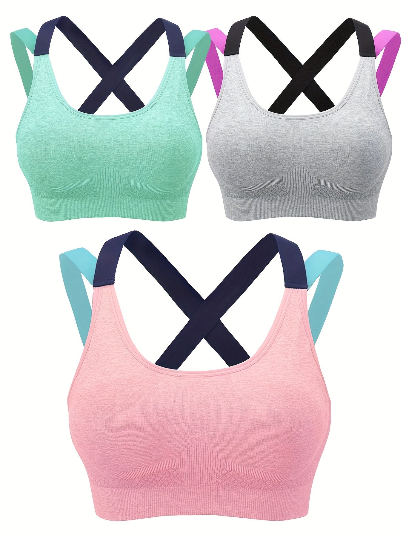 3pcs Colorblock Cross Sport Bras Stretchy Intimates Women's Lingerie