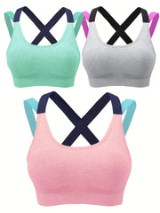 3pcs Colorblock Cross Sport Bras Stretchy Intimates Women's Lingerie