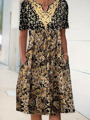  Floral Print Short Sleeve Notched Neck Dress With Pockets
