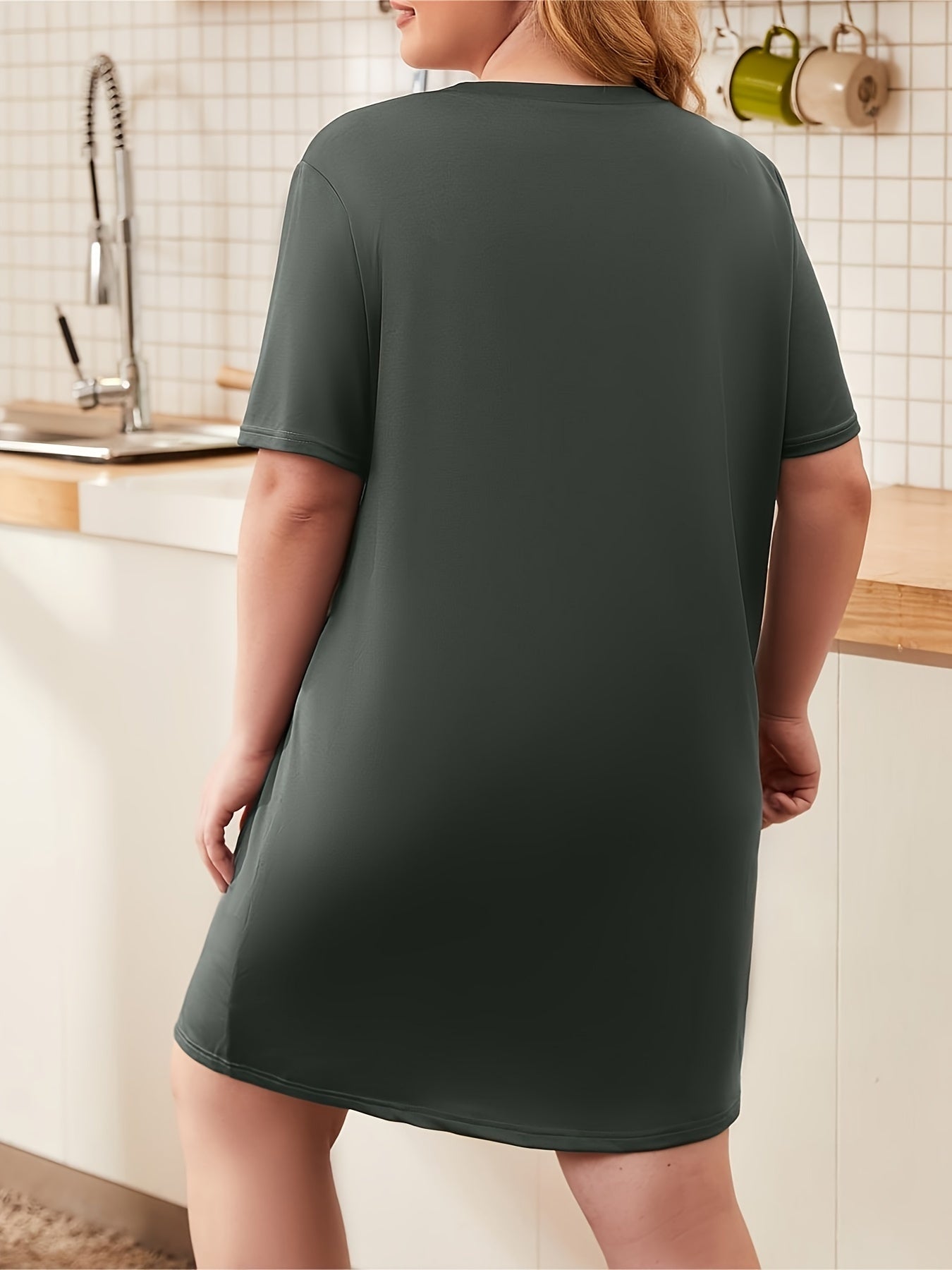  Rabbit Graphic Sleep Dress, Short Sleeve Casual Lounge Dress