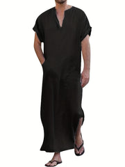 Vintage Islamic Arabic Kaftan For Men Long Sleeve V Neck Muslim Clothes