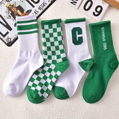 4 Pairs Letter Print Striped Socks Women's Mid Tube Stockings