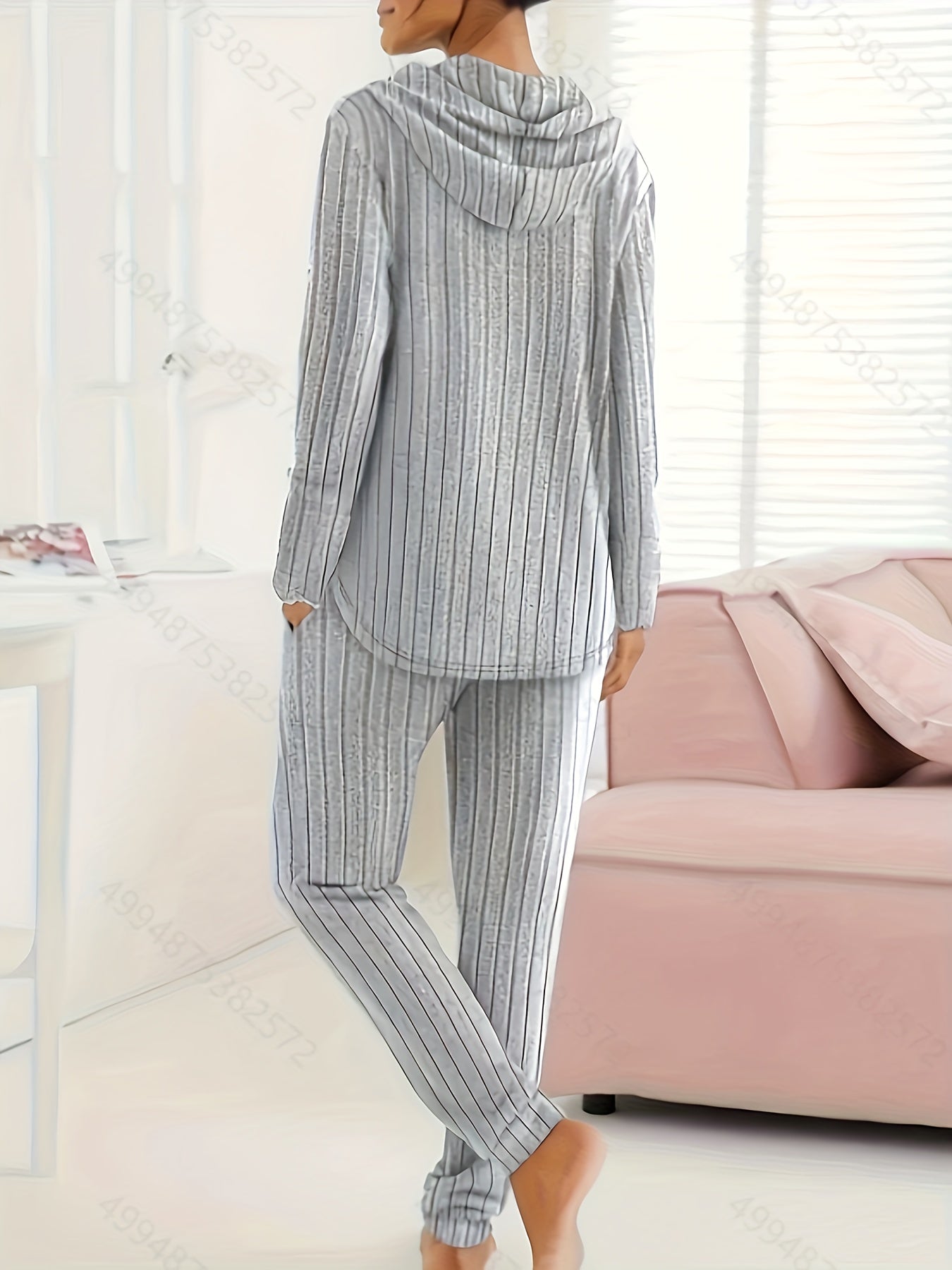  Solid Ribbed Knit Hoodie & Joggers Two Piece Set
