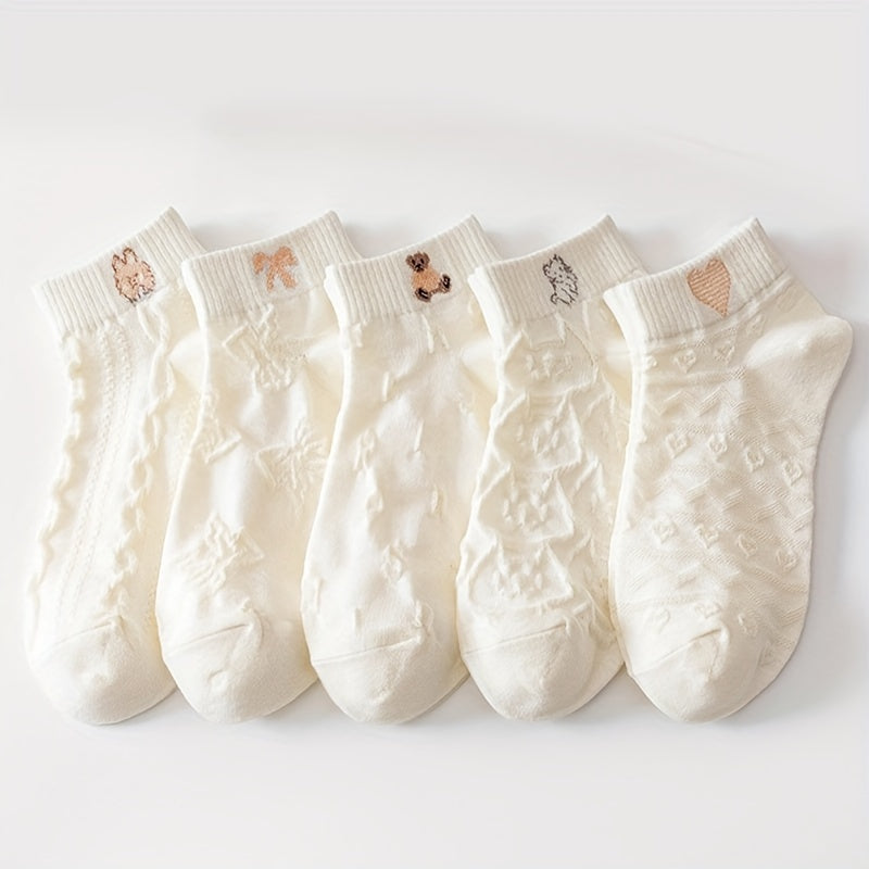5 Pairs Casual Solid Socks Breathable Animal Pattern Low Cut Ankle Socks