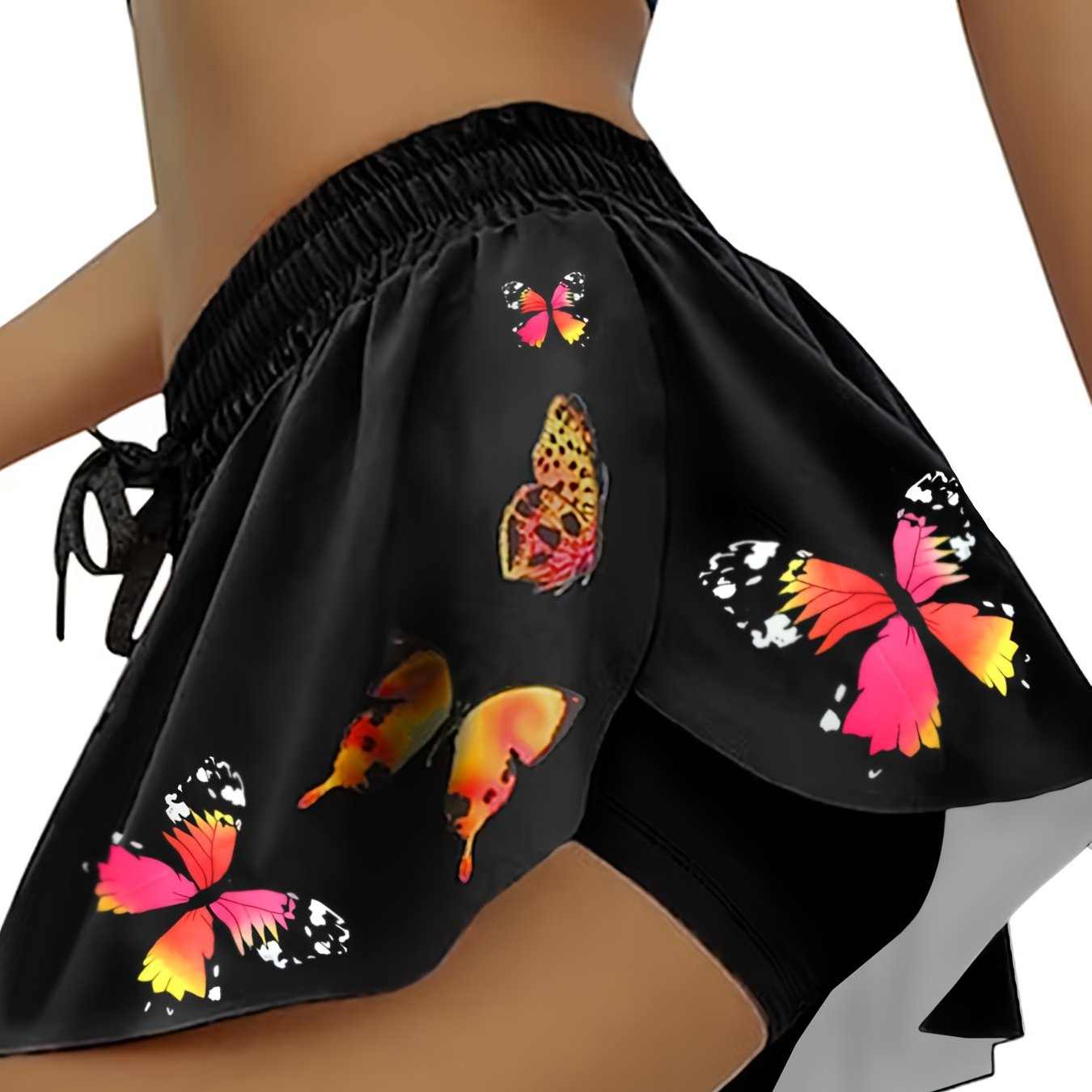  Women's Butterfly Print Sports Shorts Elastic Drawstring