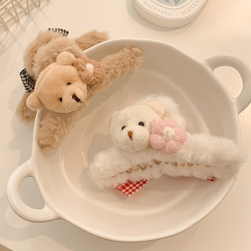 2pcs Plush Bear Hair Claw Clip Big Bow Clip Headwear Hair Accessories
