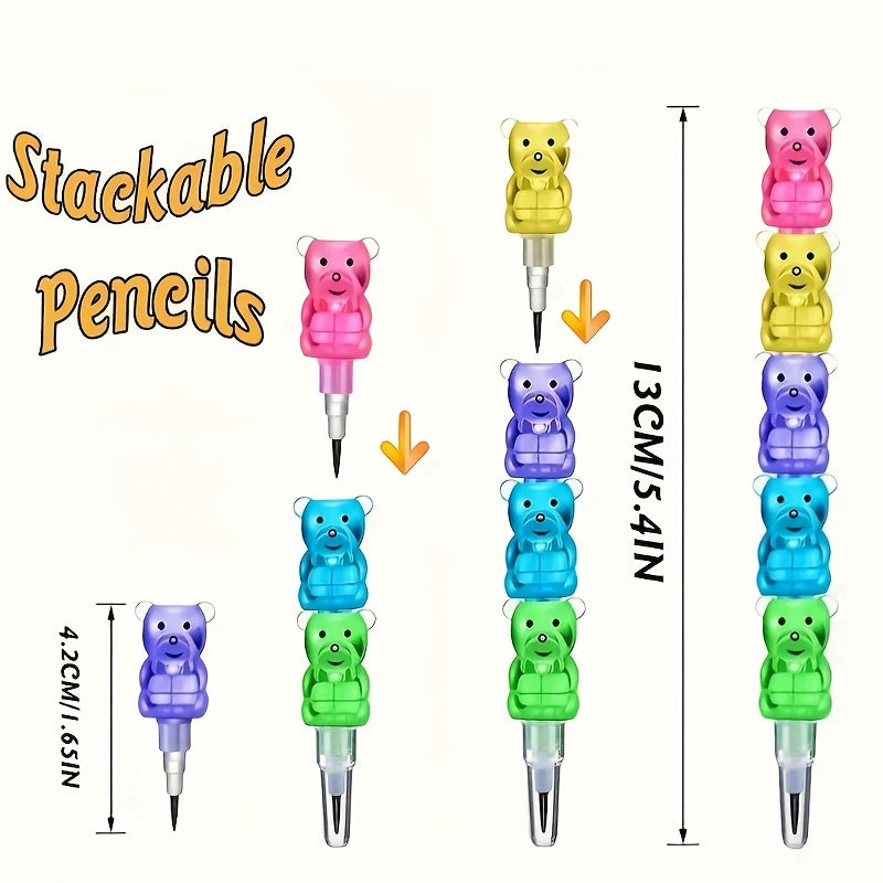 10pcs Bear Shaped Plastic Pencils Multicolor Stackable Ergonomic Grip