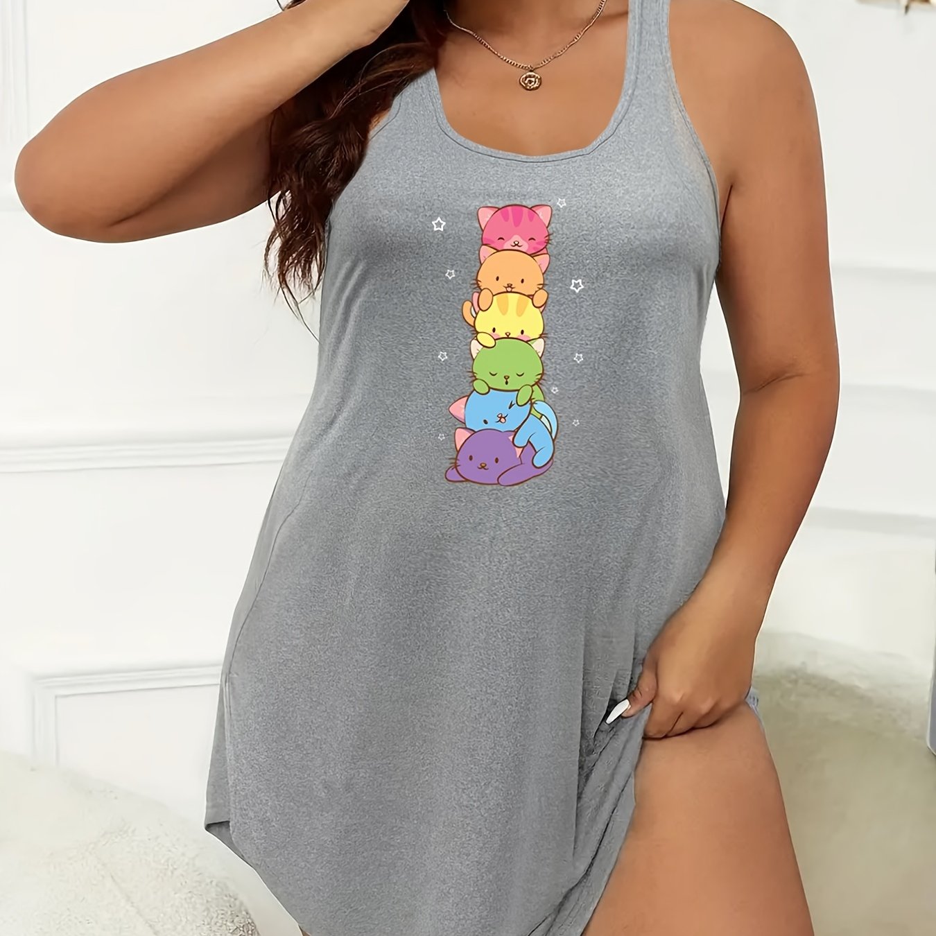  Cat Print Tank Sleep Dress