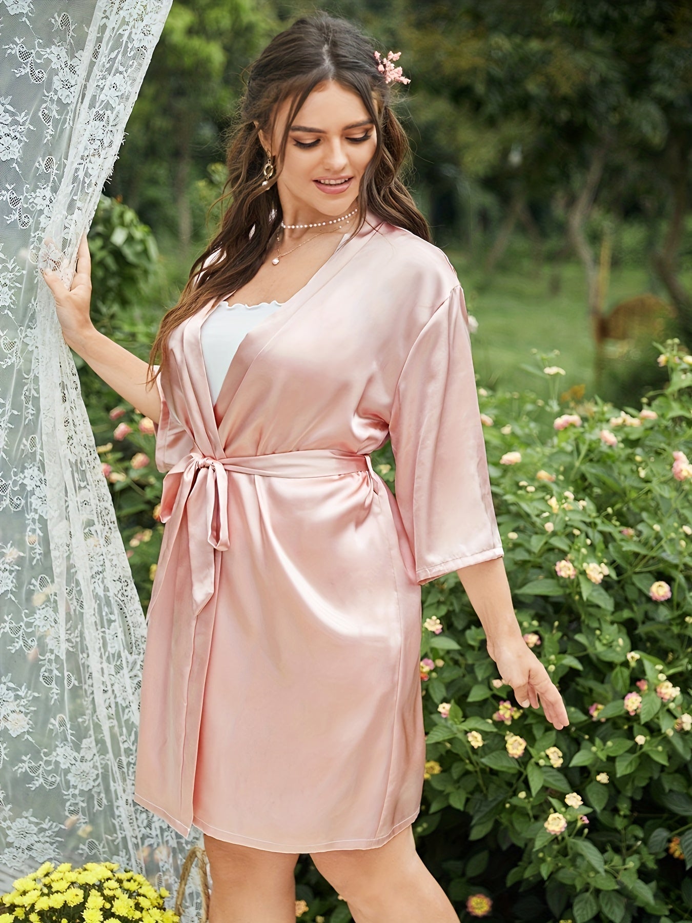  Solid Long Sleeve Nightgown With Belt