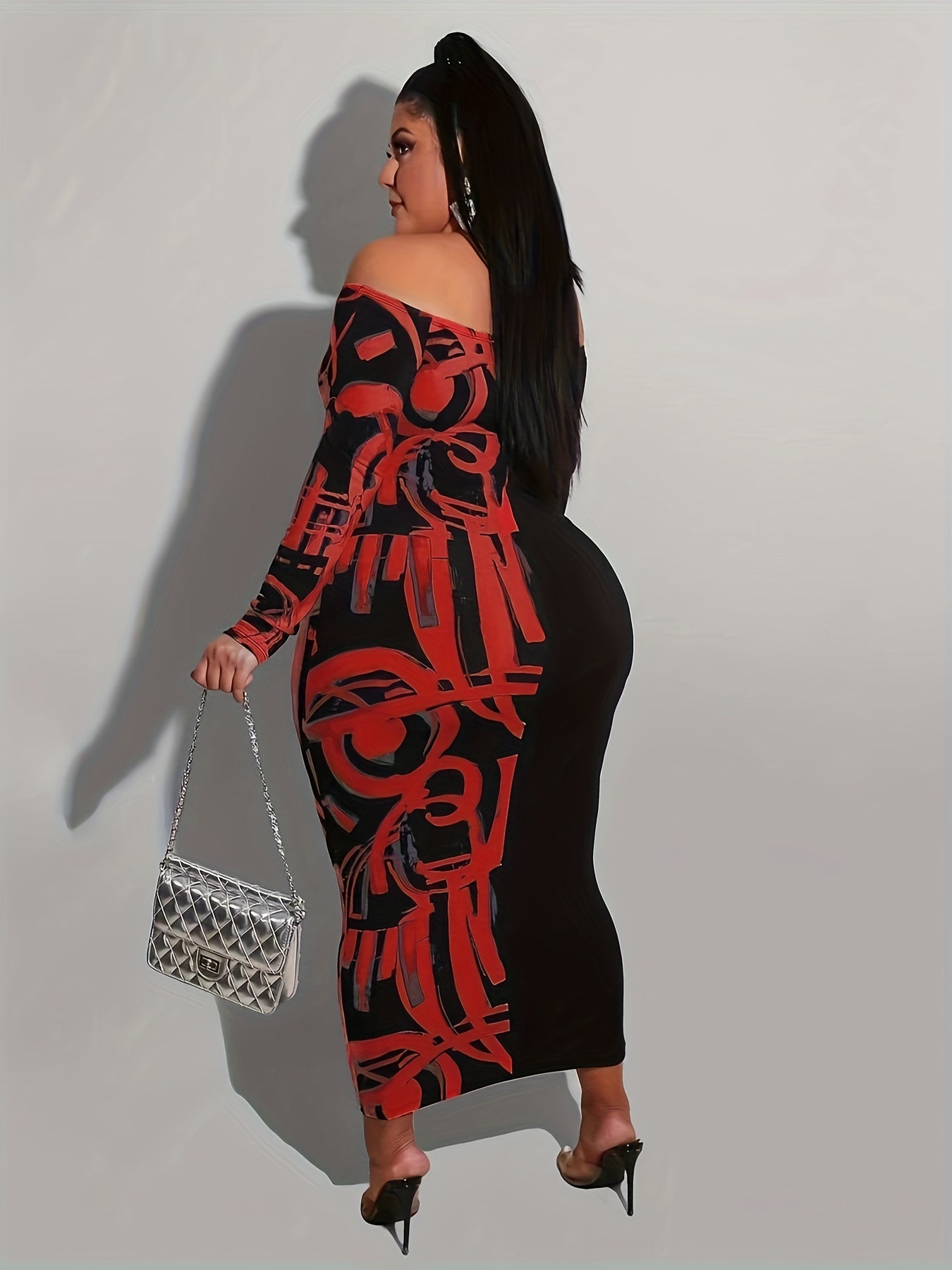  Off Shoulder Graffiti Print Maxi Midi Dress