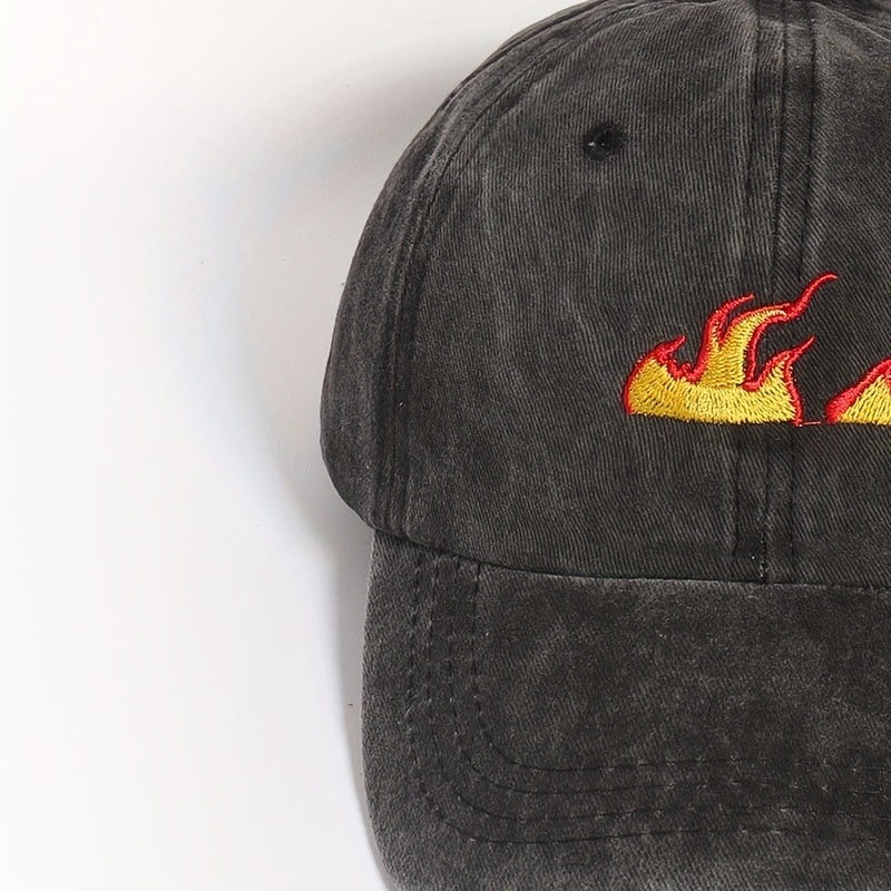 Flame Printed Gray Baseball Cap Distressed Sun Hat
