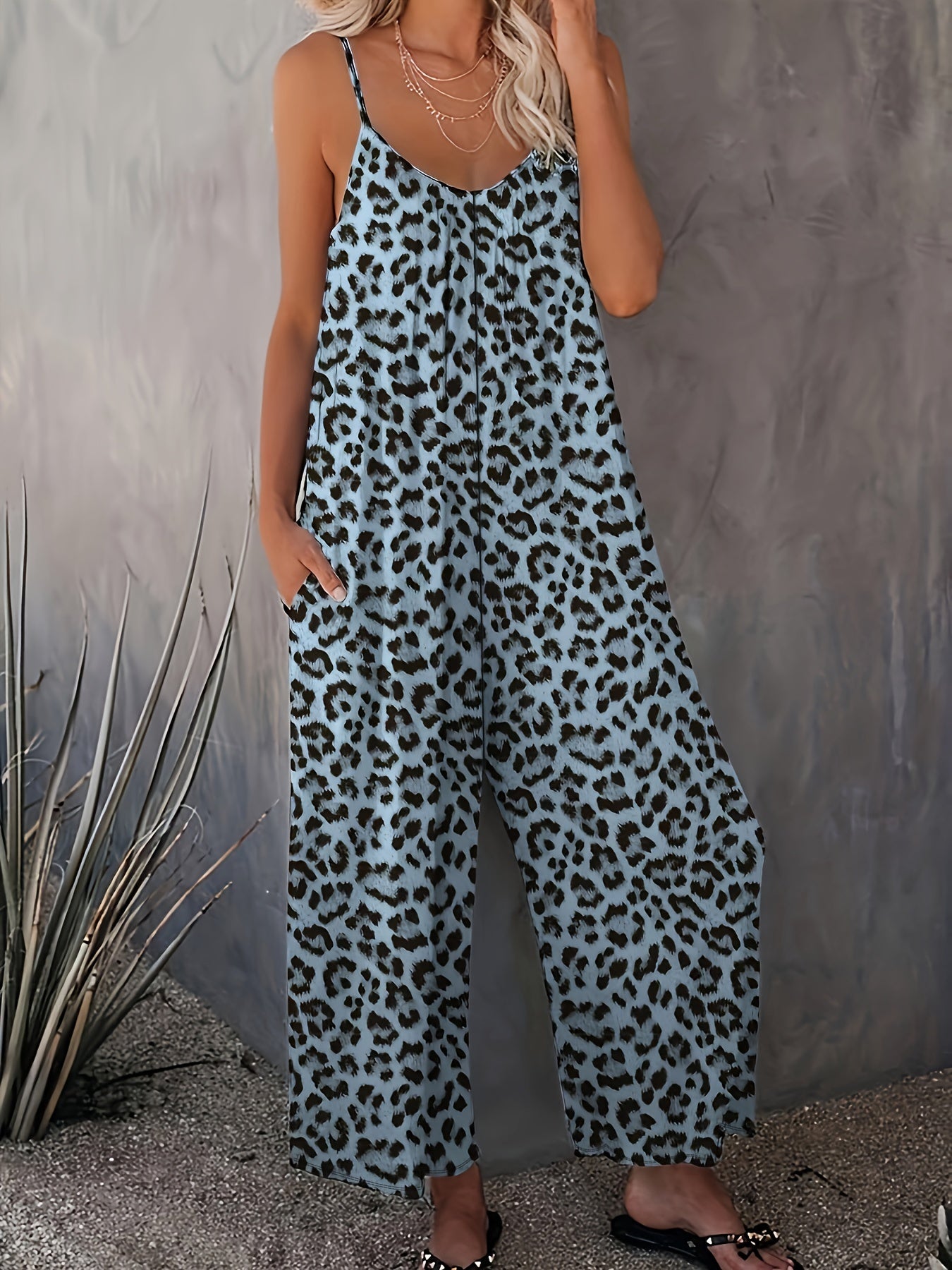  Leopard Print Cami Jumpsuit with Pockets
