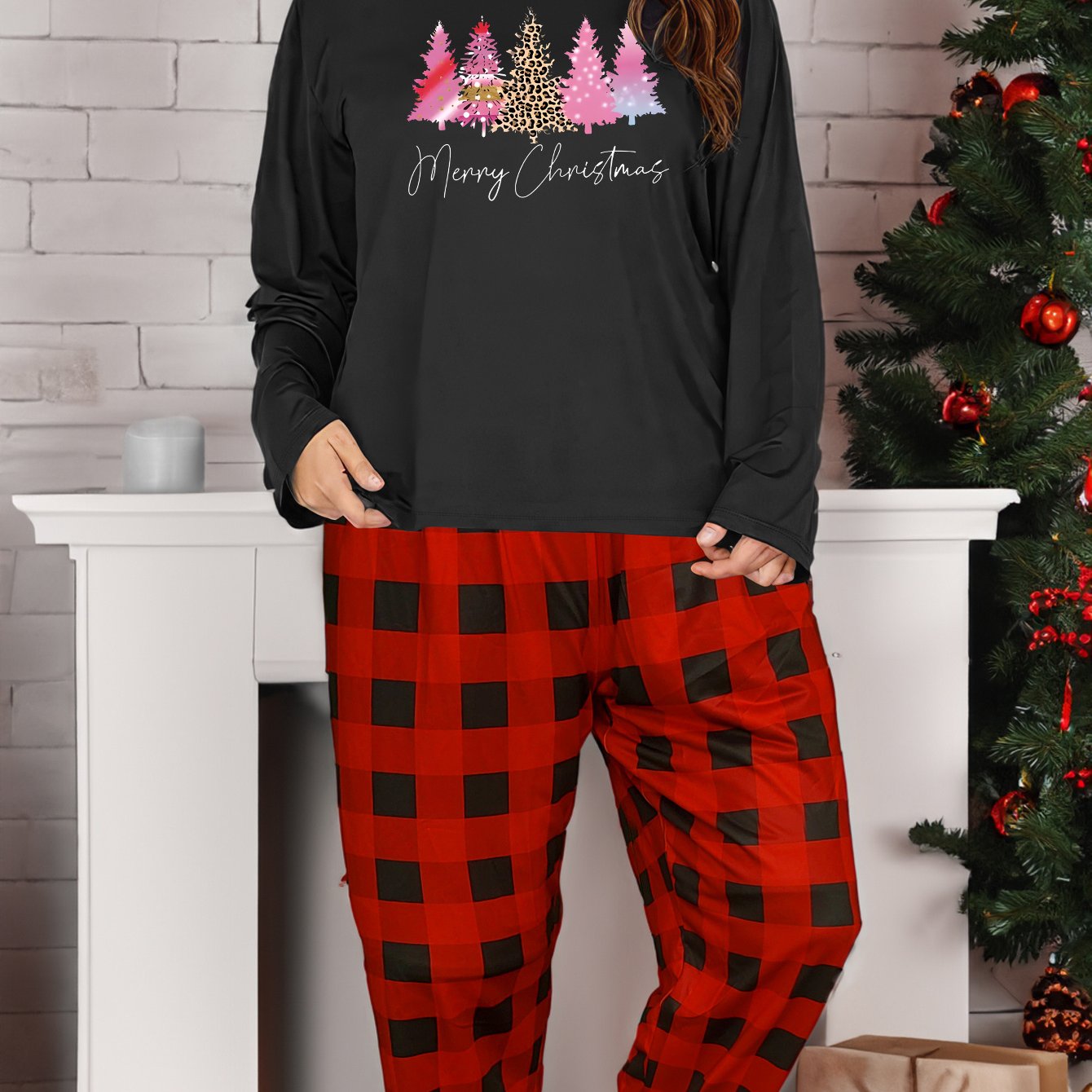 Christmas Lounge Set Women's Long Sleeve Tee & Plaid Pants Pajama