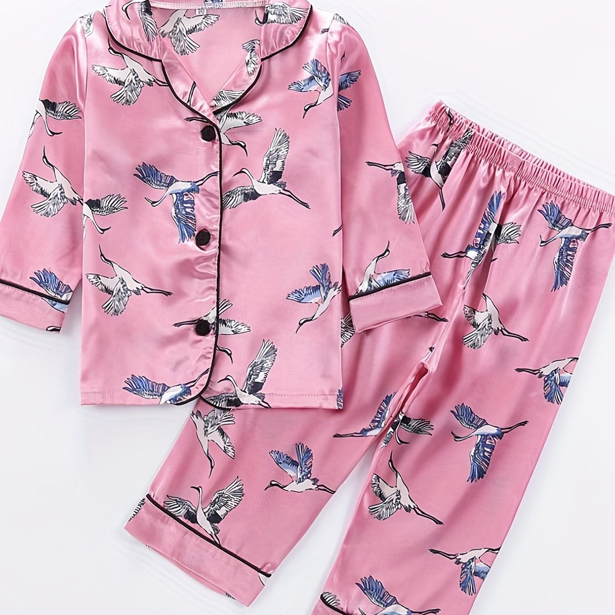 Girls 2pcs Pajamas Top & Pants Crane Print Long Sleeve Button Front PJ Set