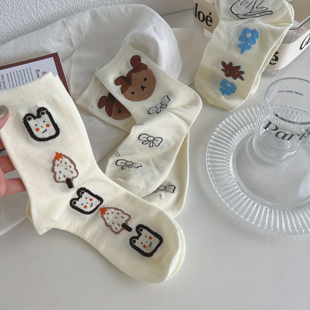 6 Pairs Cartoon Graffiti Mid Tube Socks for Women