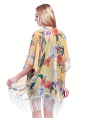  Women's Floral Print Tassel Trim Cover Up