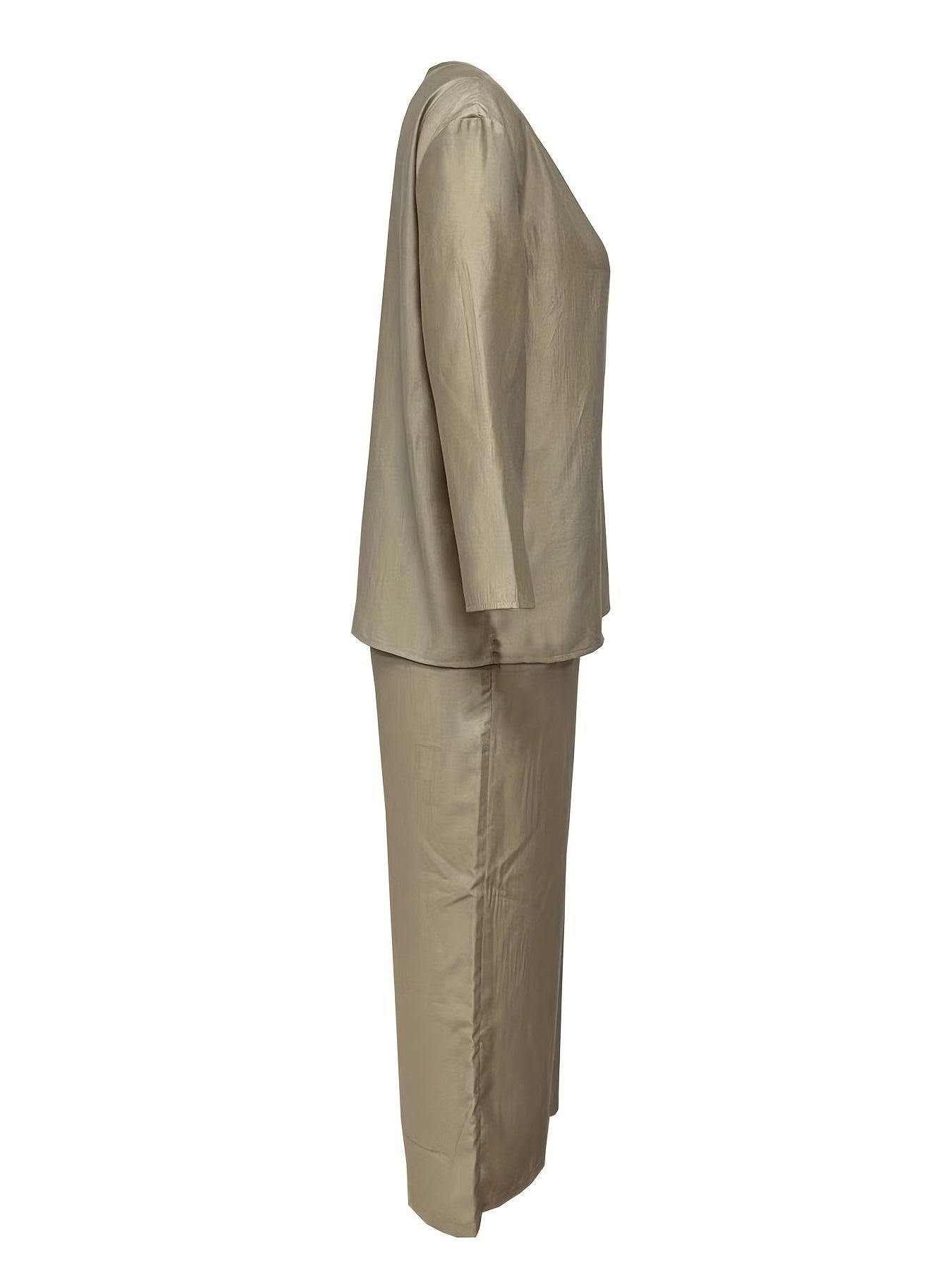 Solid Casual Two piece Set Crew Neck Button Front Tops & Wide Leg Cropped Pants