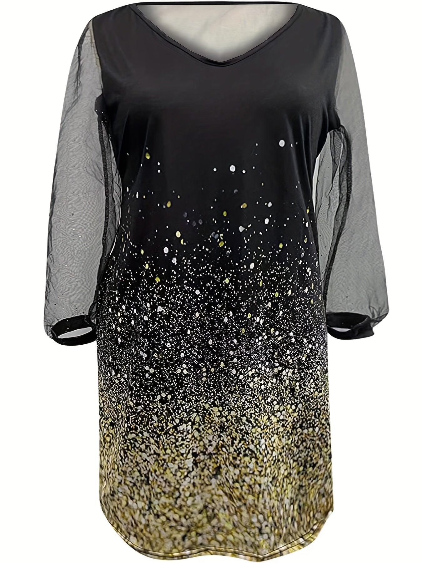  Contrast Mesh Sequin Long Sleeve V-Neck Dress