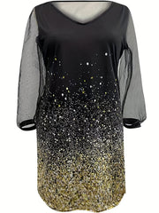  Contrast Mesh Sequin Long Sleeve V-Neck Dress
