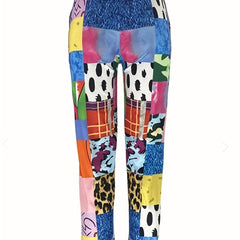  Patchwork Print Straight Leg Stretch Pants