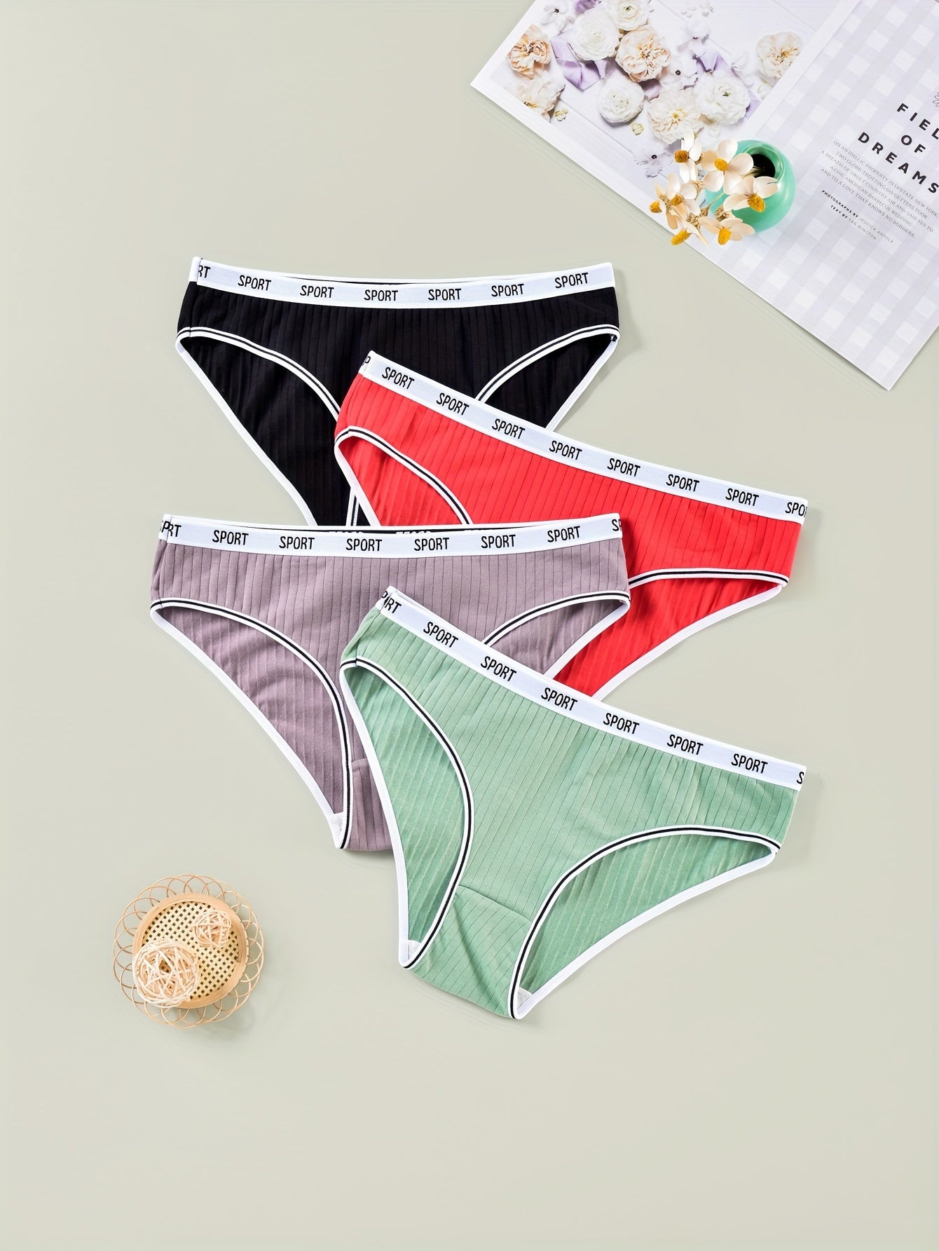 4 Pack Plus Size Casual Underwear Set Women's Plus Striped Letter Trim Underwear
