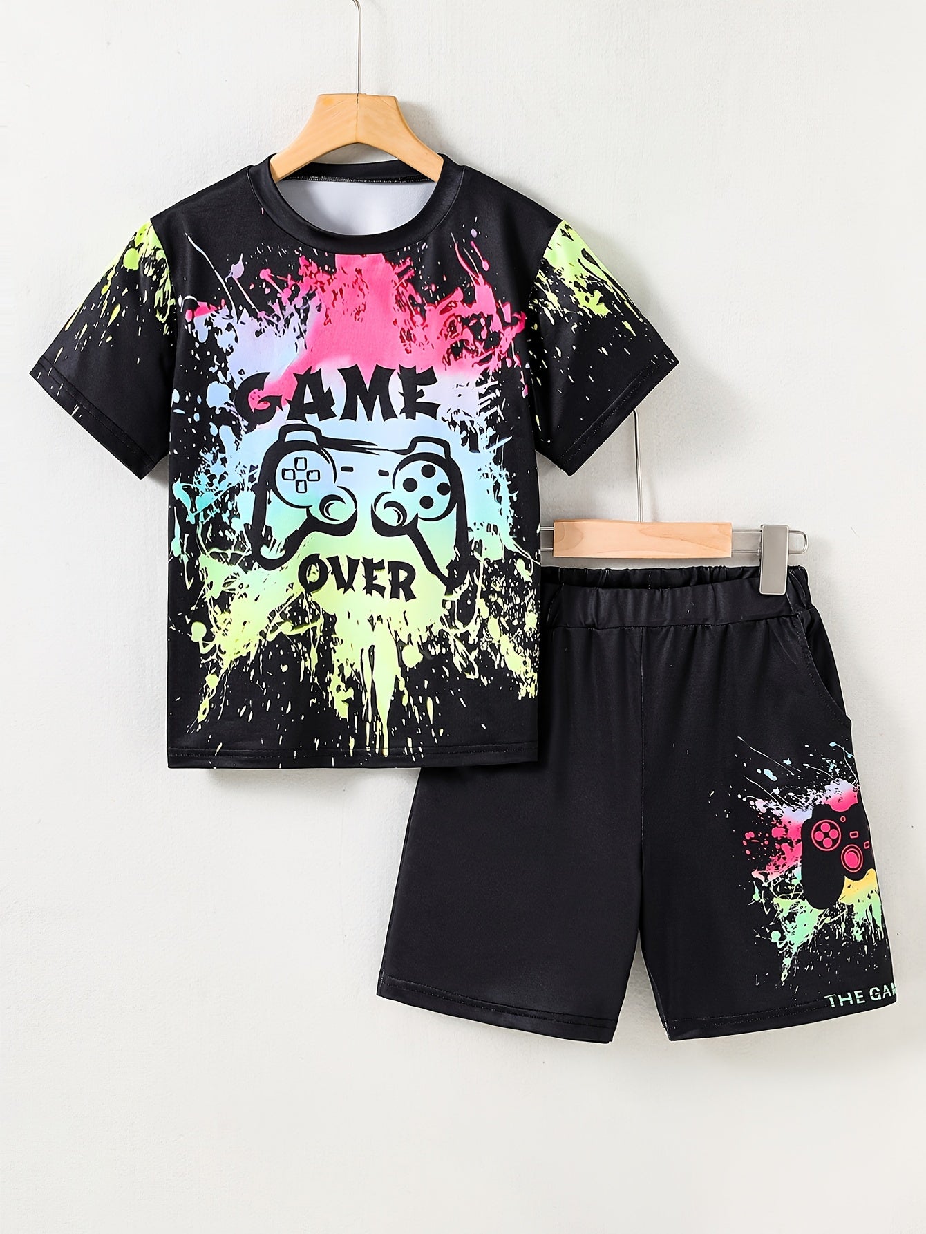 GAME OVER Boy's 2pcs T shirt & Shorts Set Gamepad Cartoon Print Casual Outfit