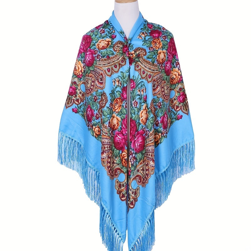 Vintage Flower Print Oversized Shawl with Tassel Wrap