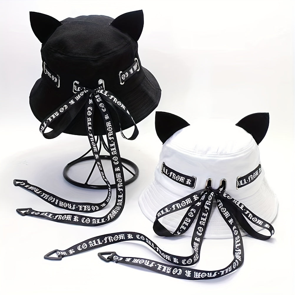Gothic Cat Ear Bucket Hat Foldable Basin Hats Adjustable Sunscreen Fisherman Cap