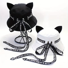Gothic Cat Ear Bucket Hat Foldable Basin Hats Adjustable Sunscreen Fisherman Cap