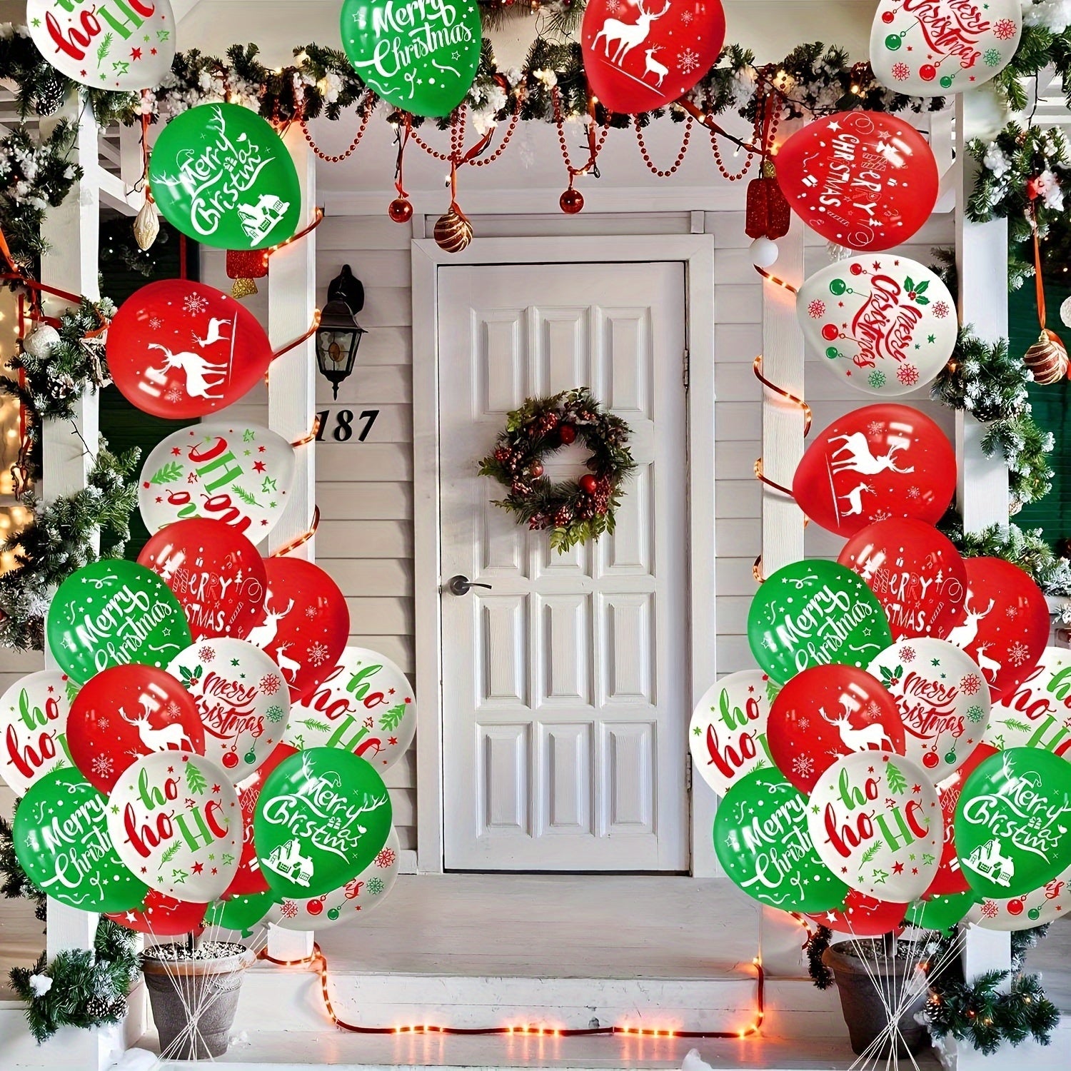 Christmas Party Balloon Set Green Red Reindeer Tree Prints Festive Deco