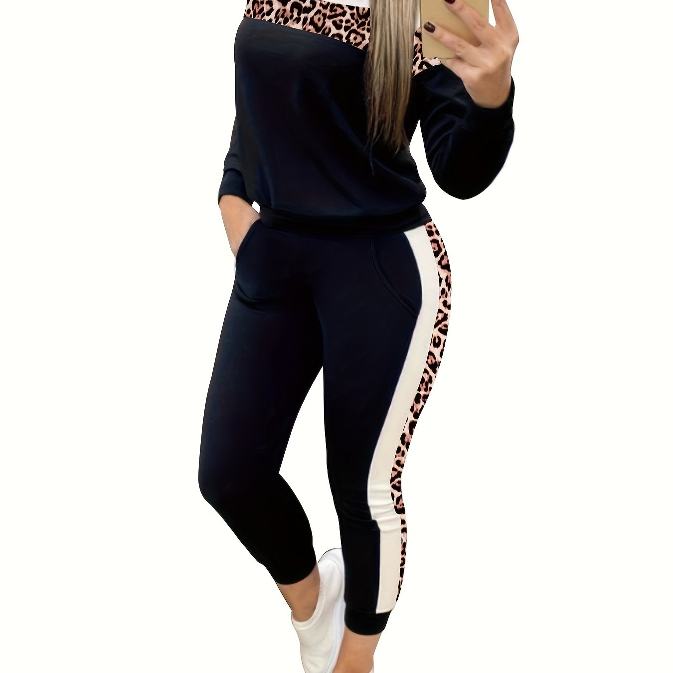  Colorblock Leopard Print Top & Pants Set