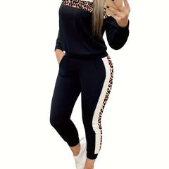  Colorblock Leopard Print Top & Pants Set