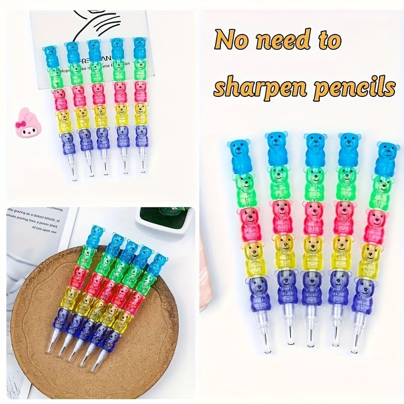 10pcs Bear Shaped Plastic Pencils Multicolor Stackable Ergonomic Grip