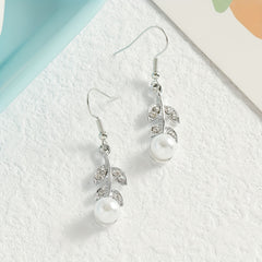 Silvery Leaf Rhinestone Faux Pearl Pendant Earrings Sexy Style