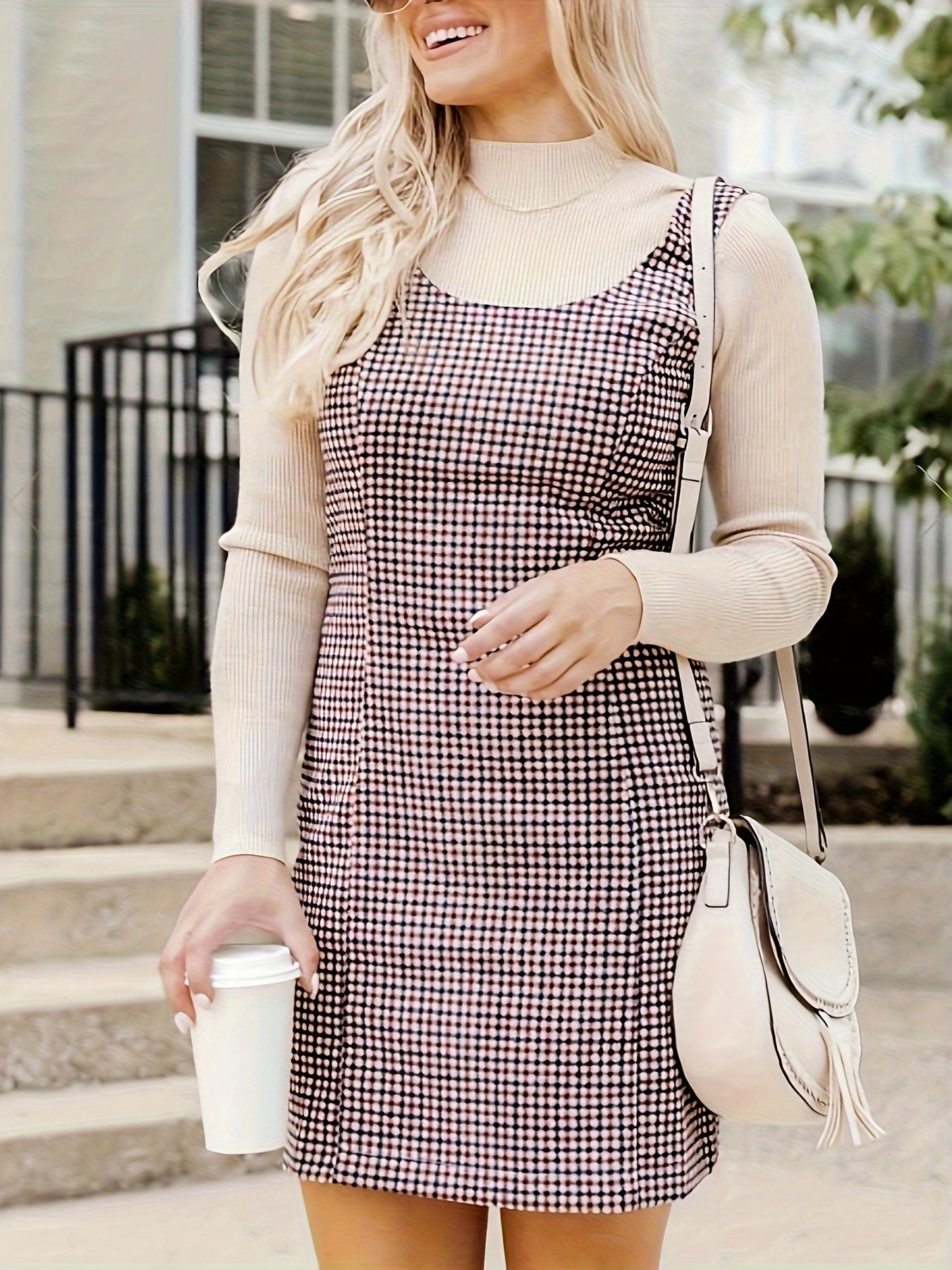  Plaid Print Round Neck Mini Tank Dress