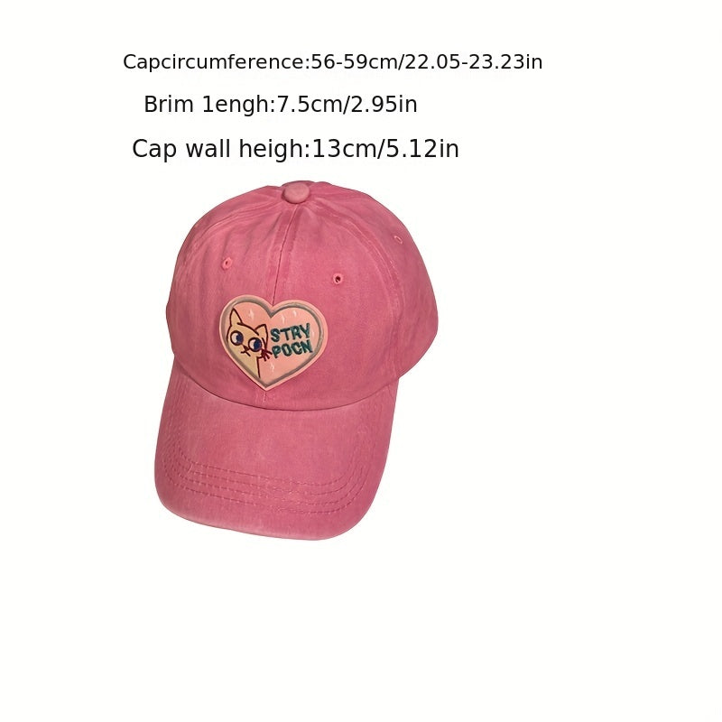 Cat Heart Embroidery Baseball Cap Pink Washed Distressed Sun Hat
