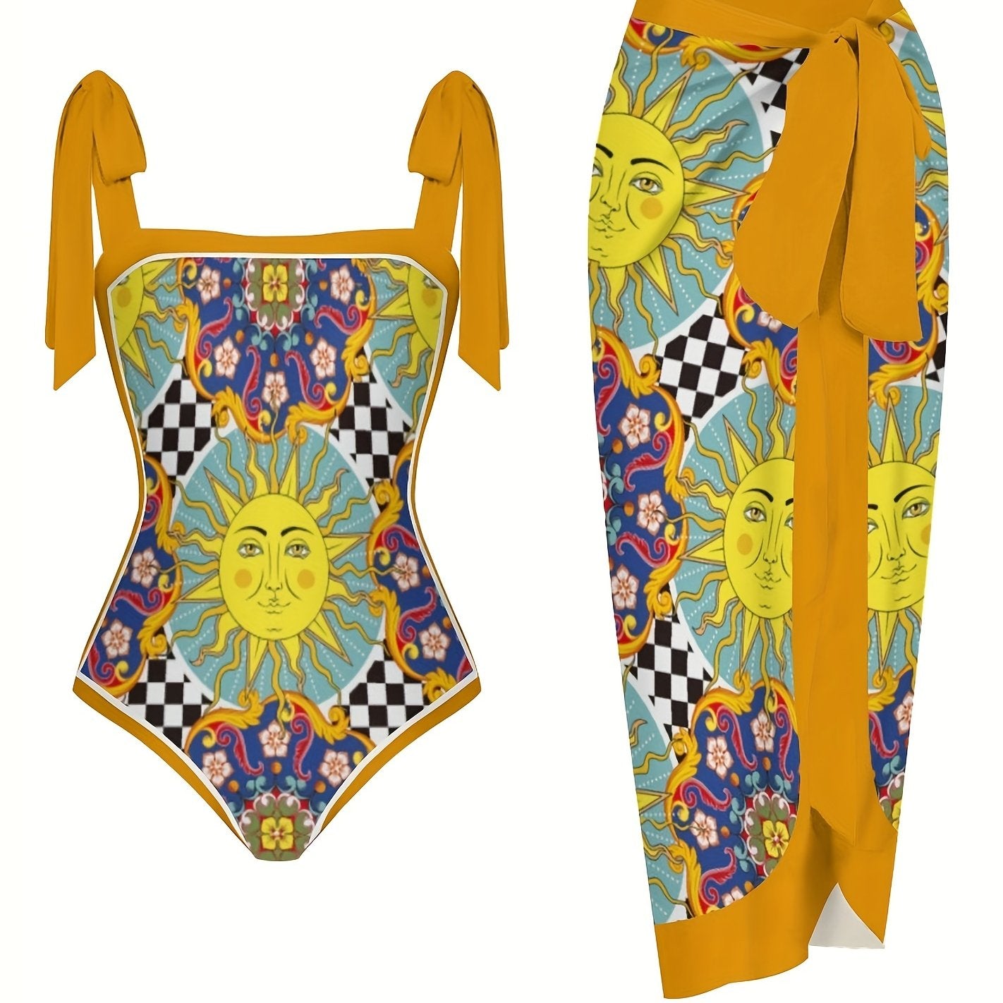  Graphic Print Tie Shoulder Swimsuit Set