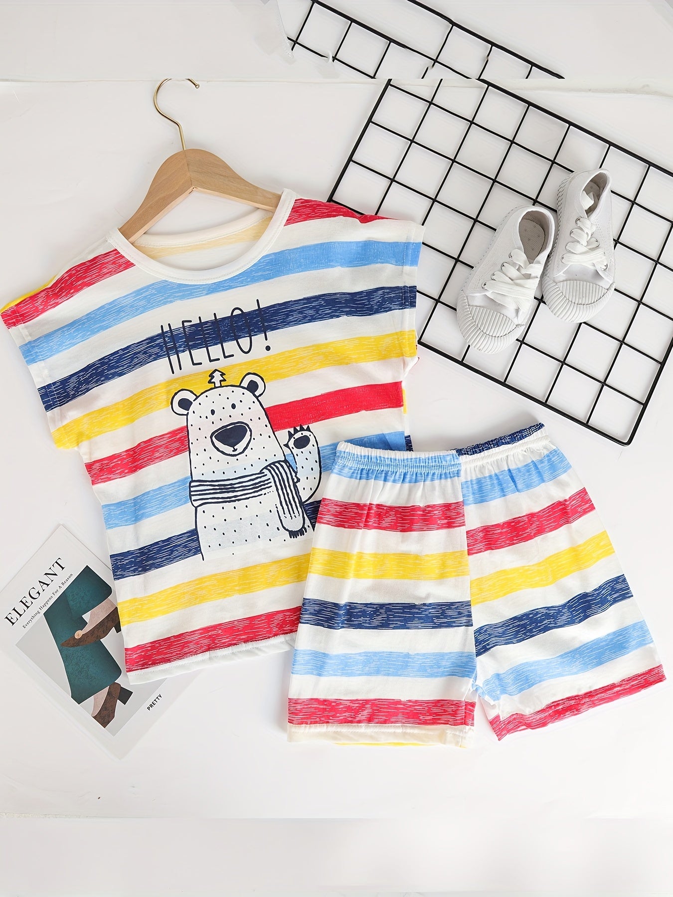 Boys Bear Print Striped Pajamas Set Sleeveless Comfortable Homewear