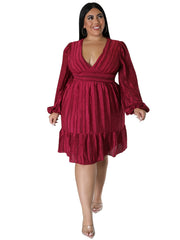  Strip Print Midi Dress Women's Plus Pleated Dress