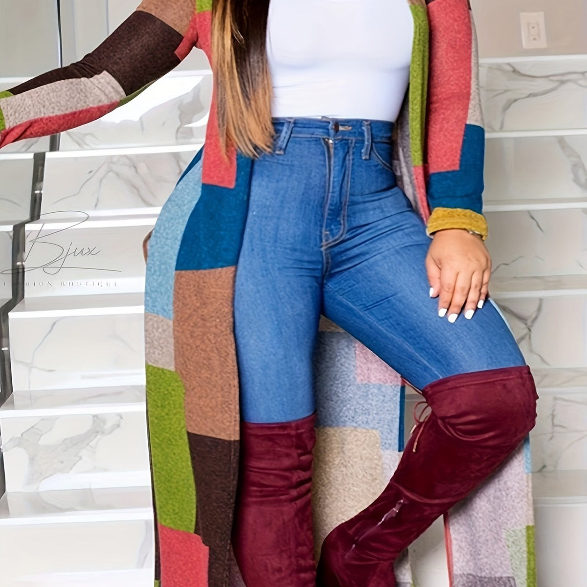  Women's Casual Cardigan Patchwork Long Sleeve Open Front