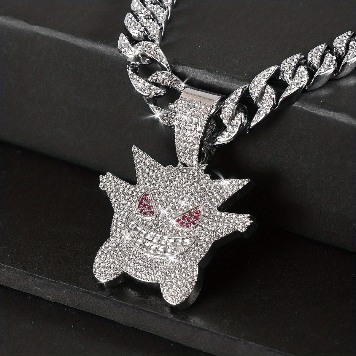 Women's Hip Hop Punk Ghost Pendant Necklace with Rhinestones Glitter Cuban Chain
