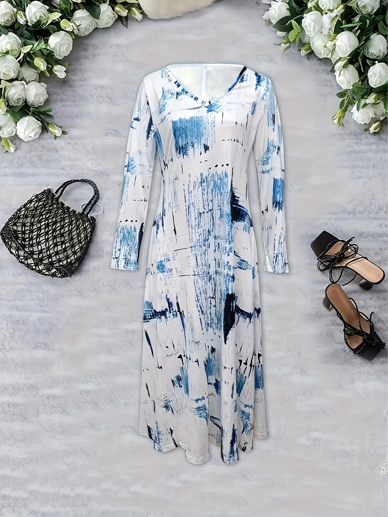  Tie Dye Long Sleeve V Neck Midi Dress