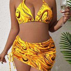  Sexy Bikini Set Women's Plus Fluid Print Swimsuit 3 Piece Set