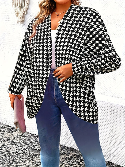  Houndstooth Print Batwing Sleeve Cardigan