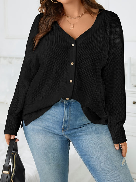  Casual Cardigan Solid Long Sleeve Button Up Waffle Knit Cardigan